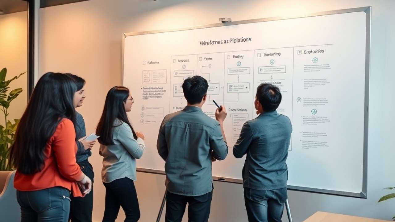 Tim profesional berdiskusi tentang desain aplikasi kustom bisnis di depan papan tulis dengan diagram alur sistem di kantor modern.