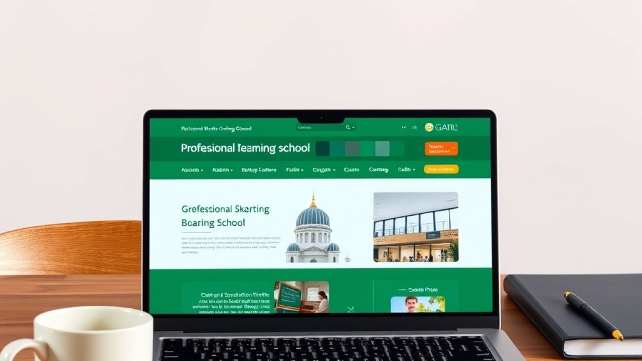 Tampilan modern website sekolah dan pesantren profesional di laptop dengan elemen desain Islami dan akademik