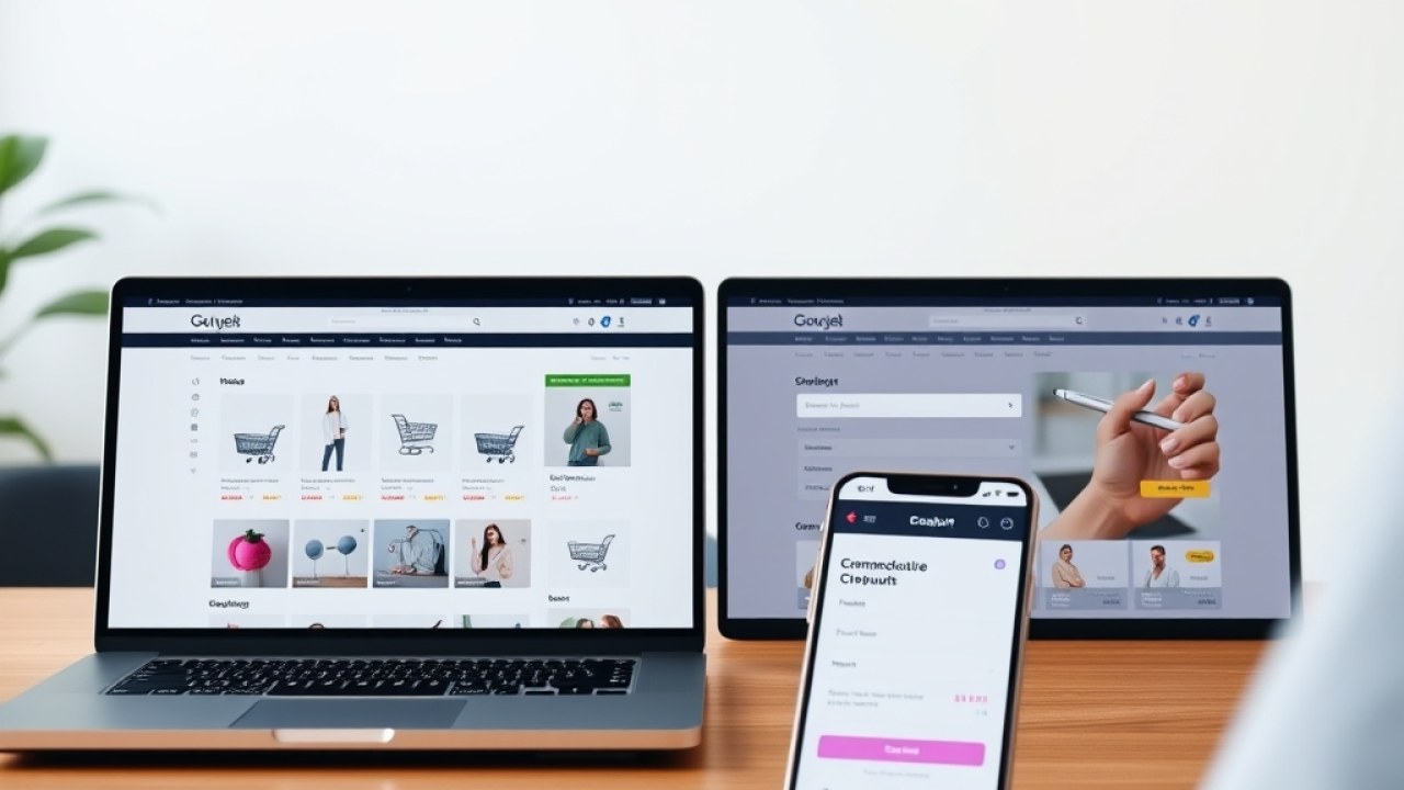 Ilustrasi website toko online profesional di layar laptop dan ponsel dengan tampilan produk yang rapi dan siap transaksi.