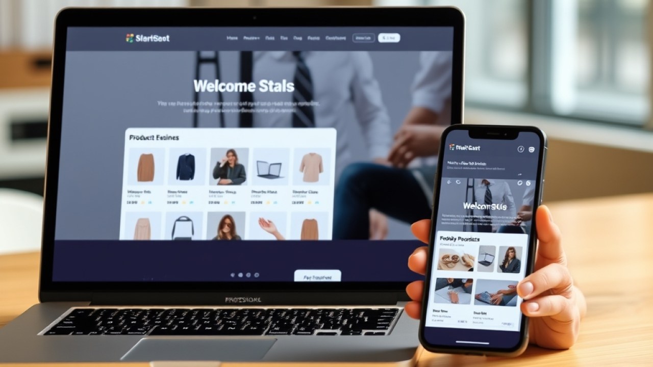 Tampilan website untuk UMKM yang profesional dan responsif, dibuka dari laptop dan smartphone, menampilkan katalog produk bisnis kecil